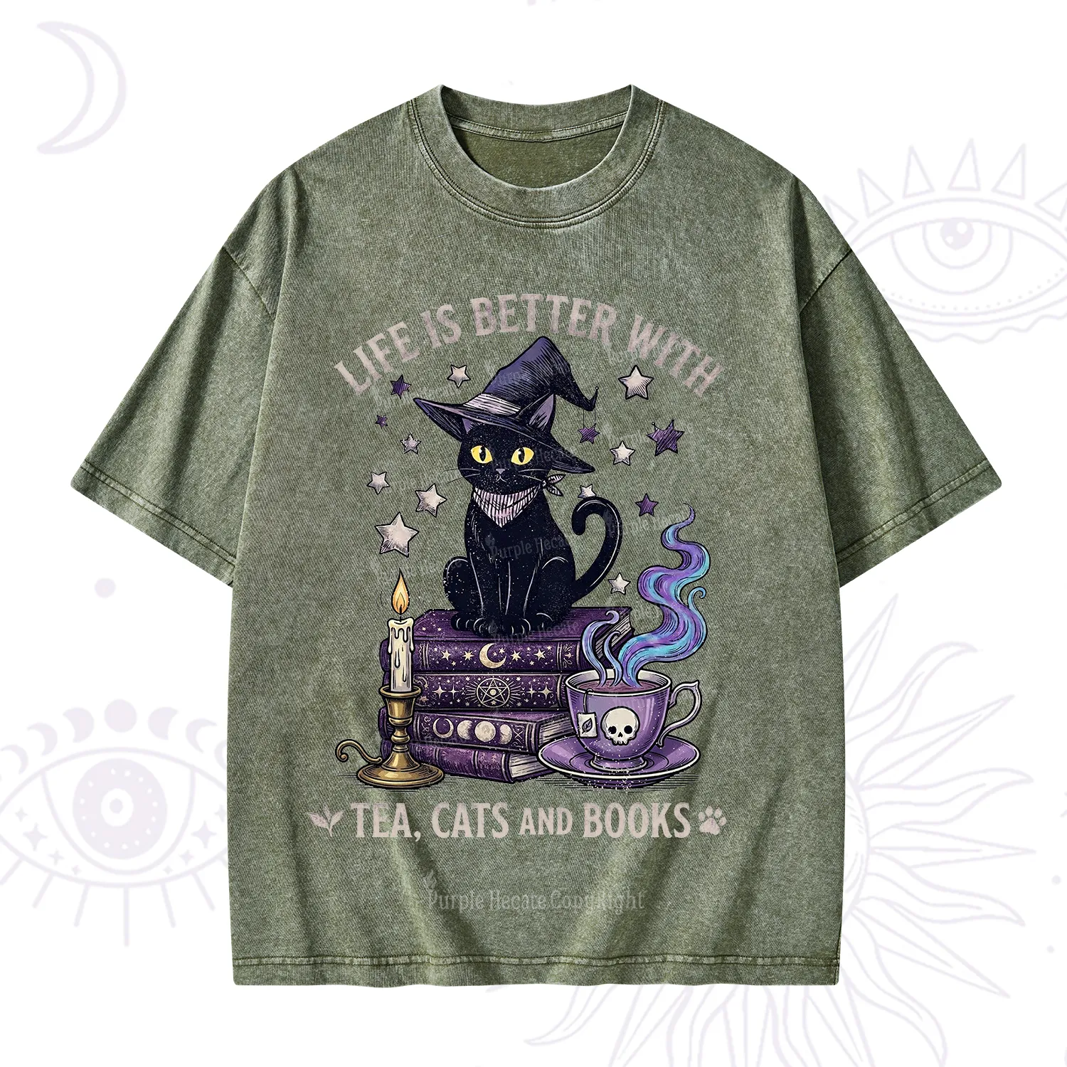 Purplehecate Life Is Better With Cats And Books Washed T-Shirt