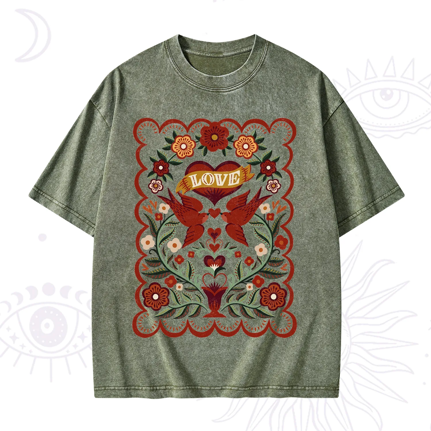 Purplehecate Folk Love Birds Floral Washed T-Shirt