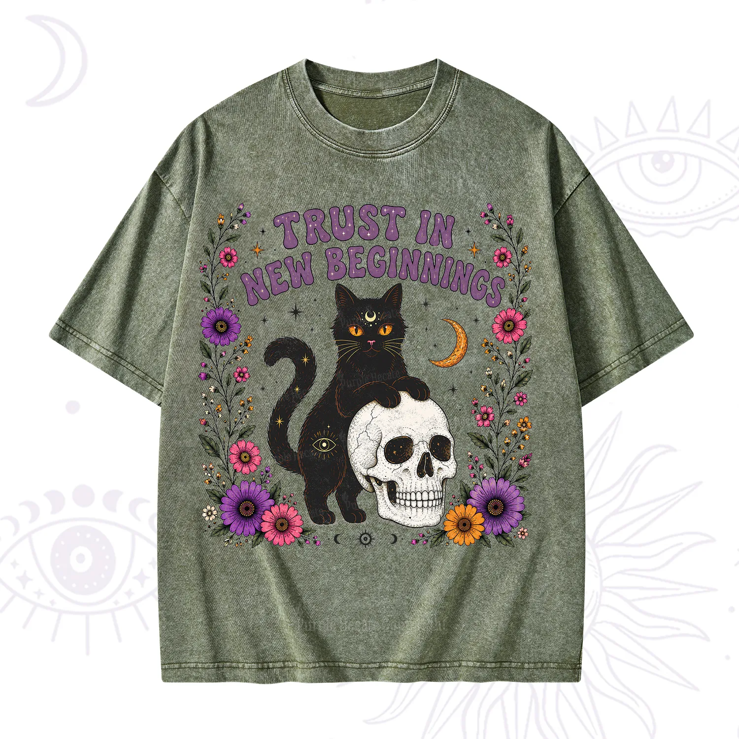 Purplehecate Trust in New Beginnings Black Cat Washed T-Shirt