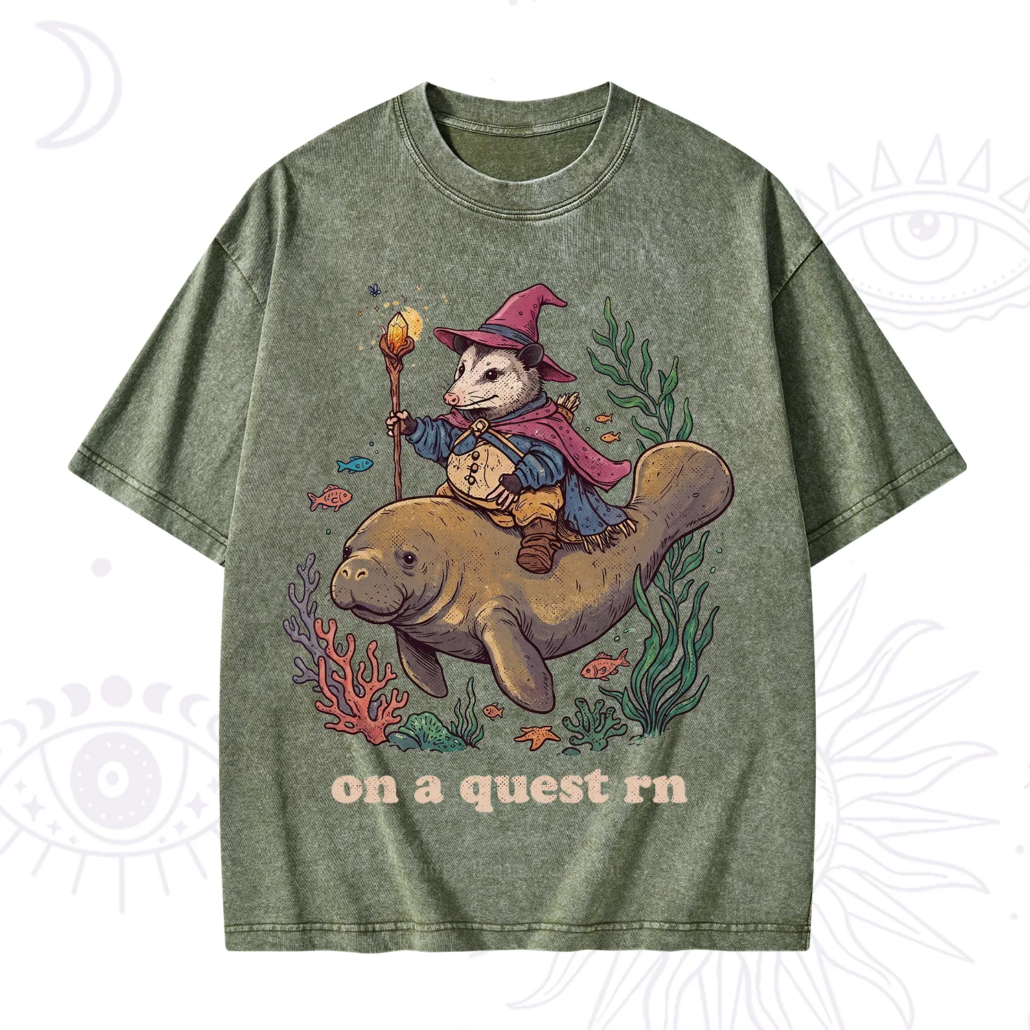 Purplehecate Opossum Wizard on Sea Quest Washed T-Shirt