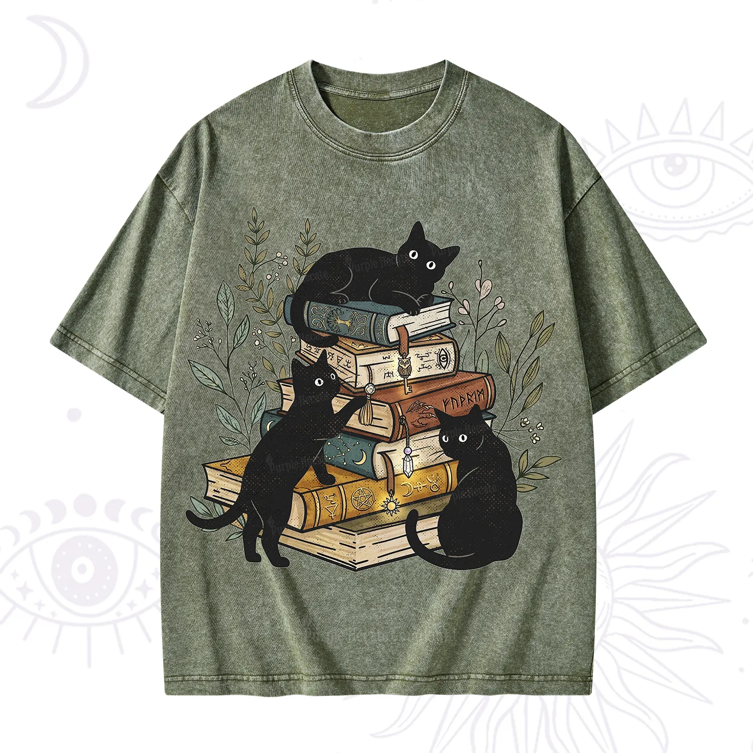 Purplehecate Enchanted Library Three Black Cats Washed T-Shirt