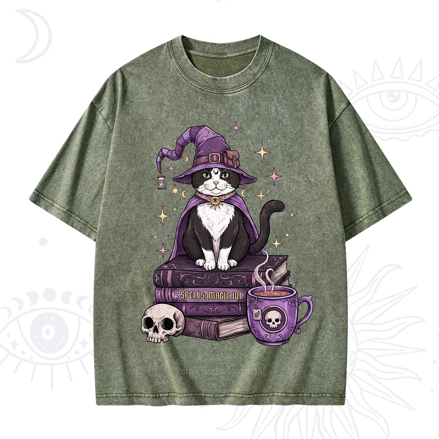 Purplehecate Witchy Cat Spell Books Washed T-Shirt
