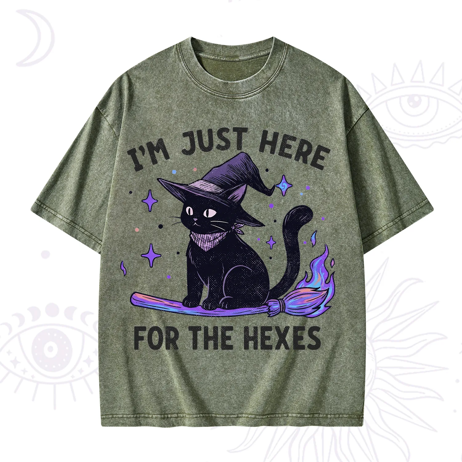 Purplehecate I'm Just Here for the Hexes Witch Cat Washed T-Shirt