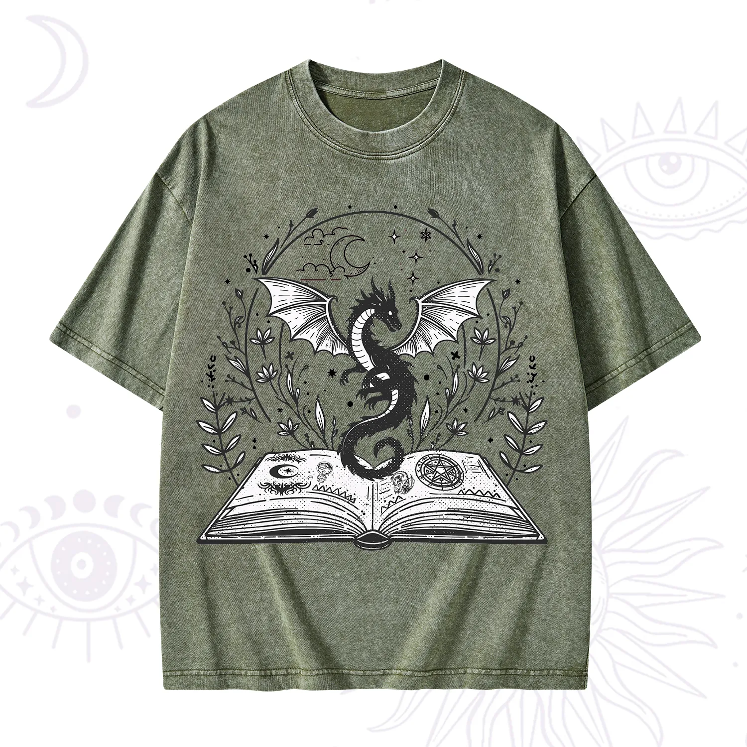 Purplehecate Magical Book Dragon Fantasy Washed T-Shirt