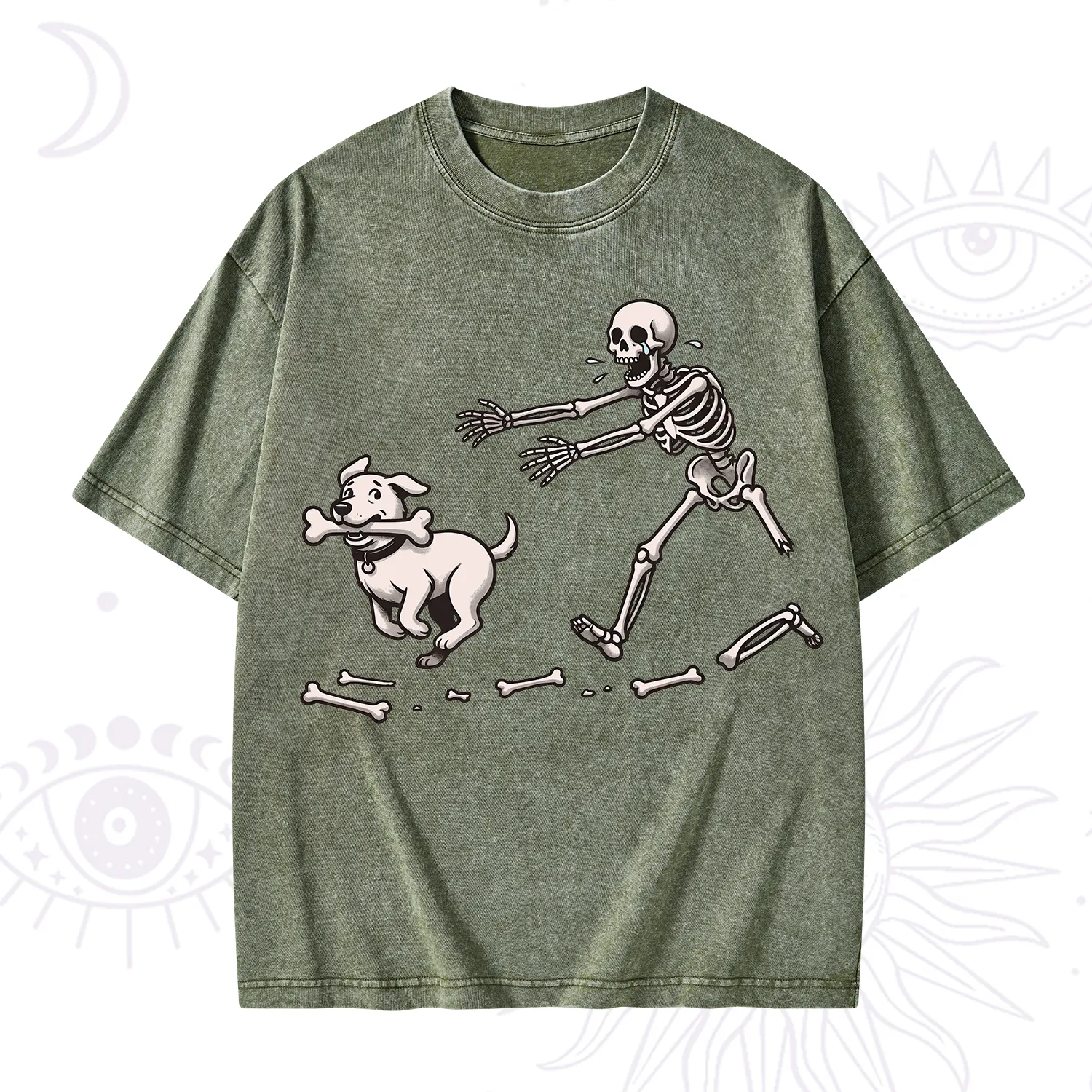 Purplehecate Halloween Skeleton Chasing Dog Washed T-Shirt