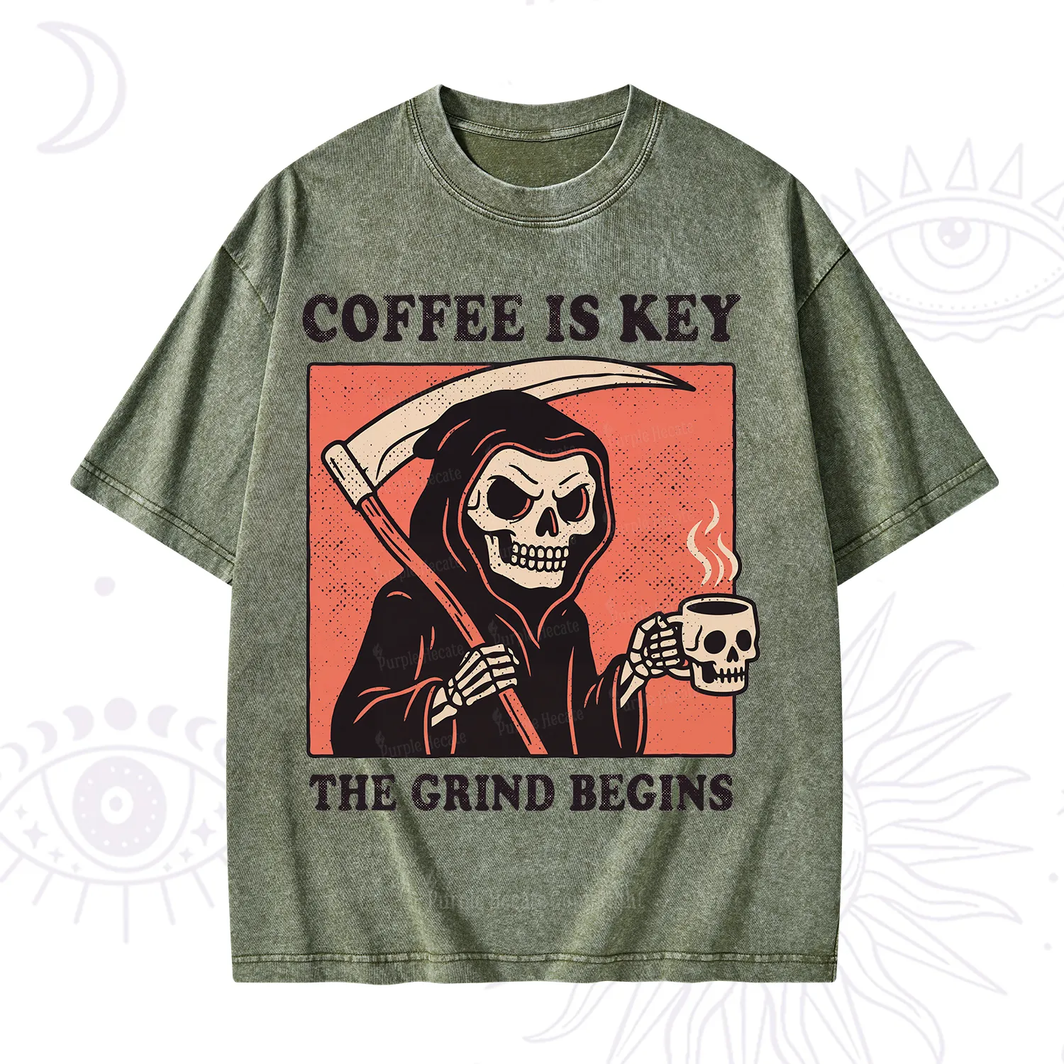 Purplehecate Coffee Is Key The Grind Begins Washed T-Shirt