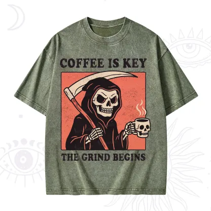 Purplehecate Coffee Is Key The Grind Begins Washed T-Shirt