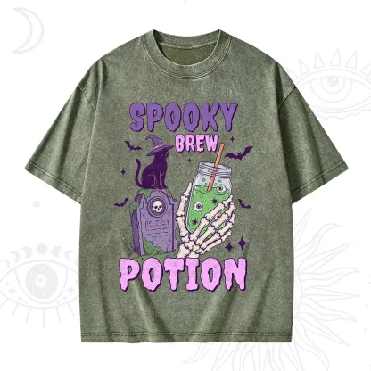 Purplehecate Spooky Brew Potion Halloween Washed T-Shirt