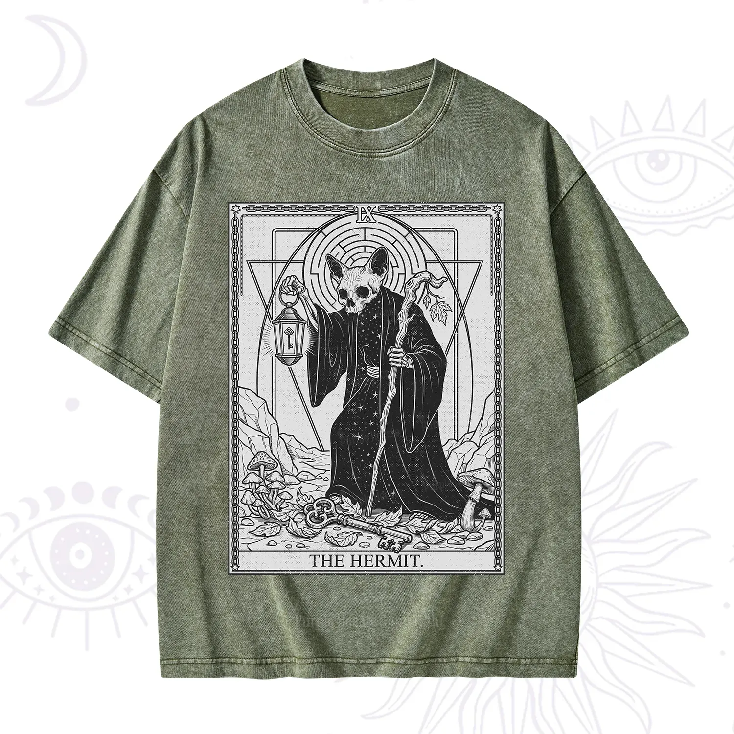 Purplehecate The Hermit Skeleton Cat Tarot Washed T-Shirt
