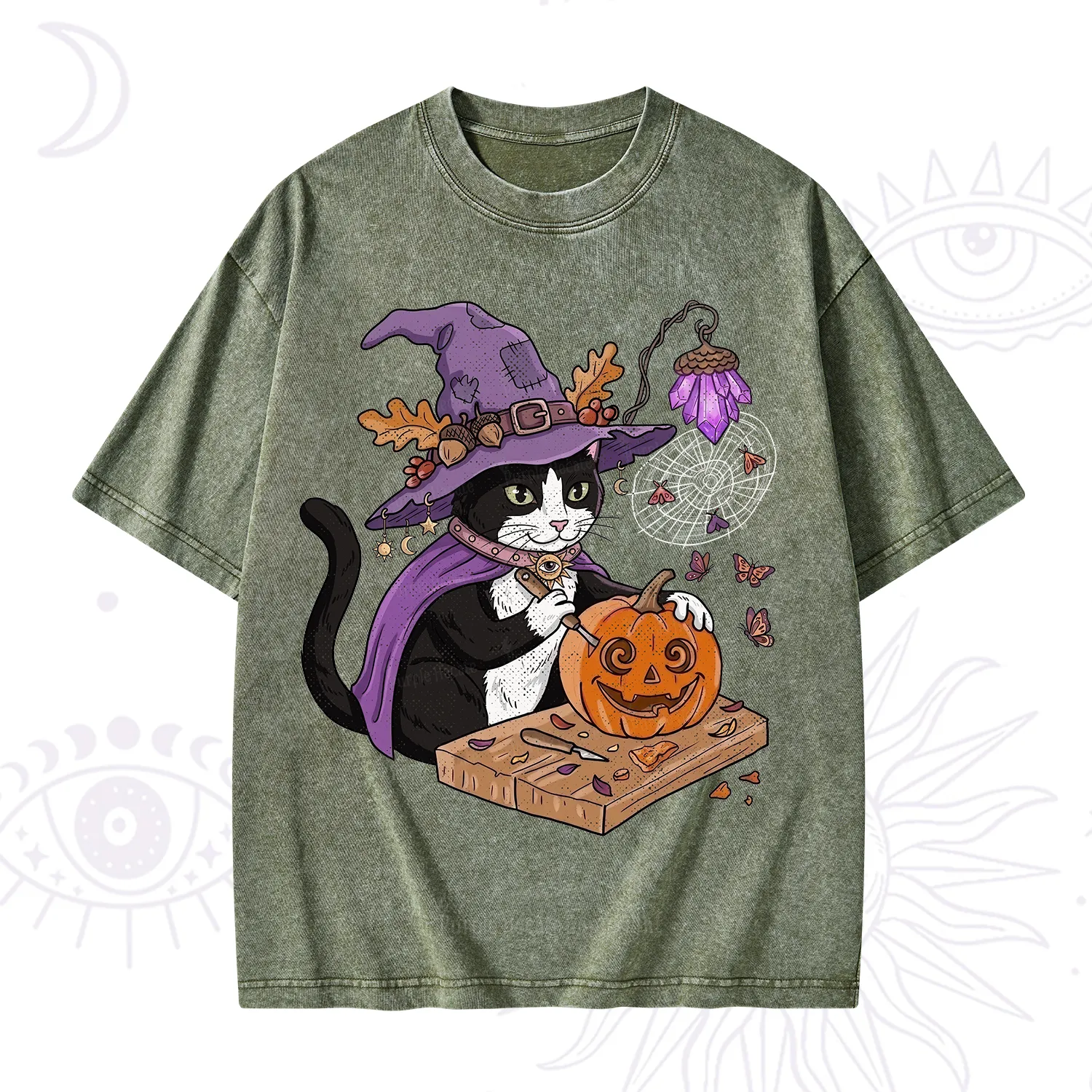 Purplehecate Pumpkin Carving Witch Cat Washed T-Shirt