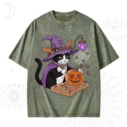Purplehecate Pumpkin Carving Witch Cat Washed T-Shirt