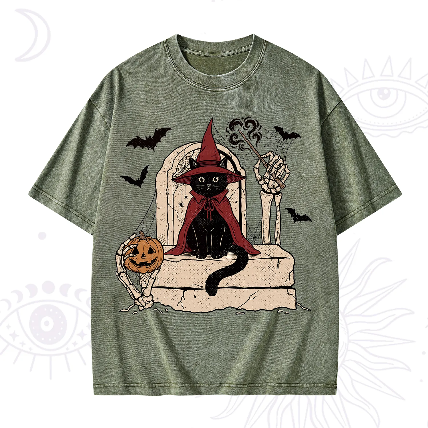 Purplehecate Wizard Black Cat on the Tombstone Halloween Washed T-Shirt