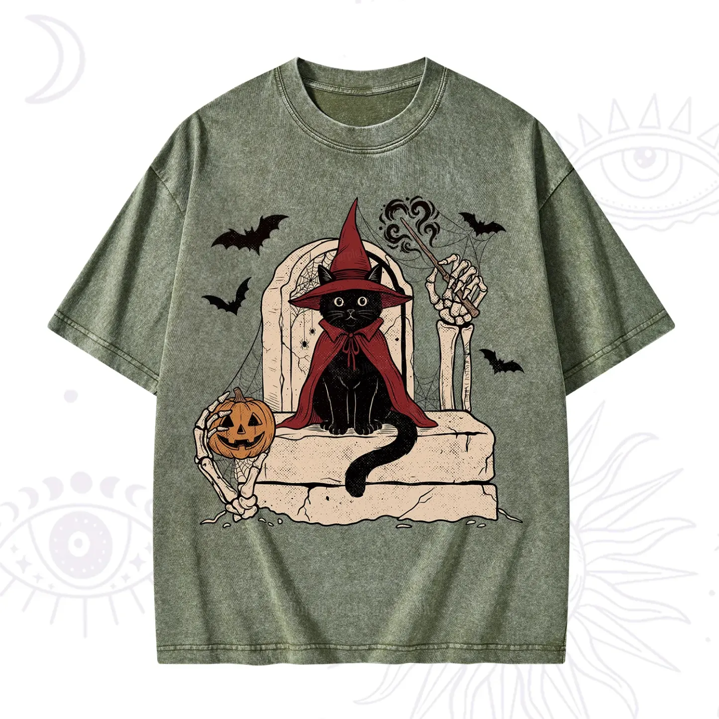 Purplehecate Wizard Black Cat on the Tombstone Halloween Washed T-Shirt