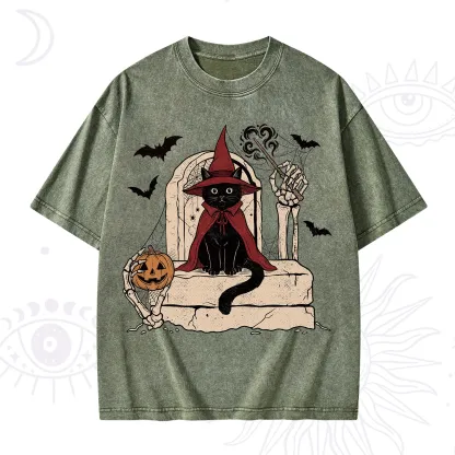Purplehecate Wizard Black Cat on the Tombstone Halloween Washed T-Shirt