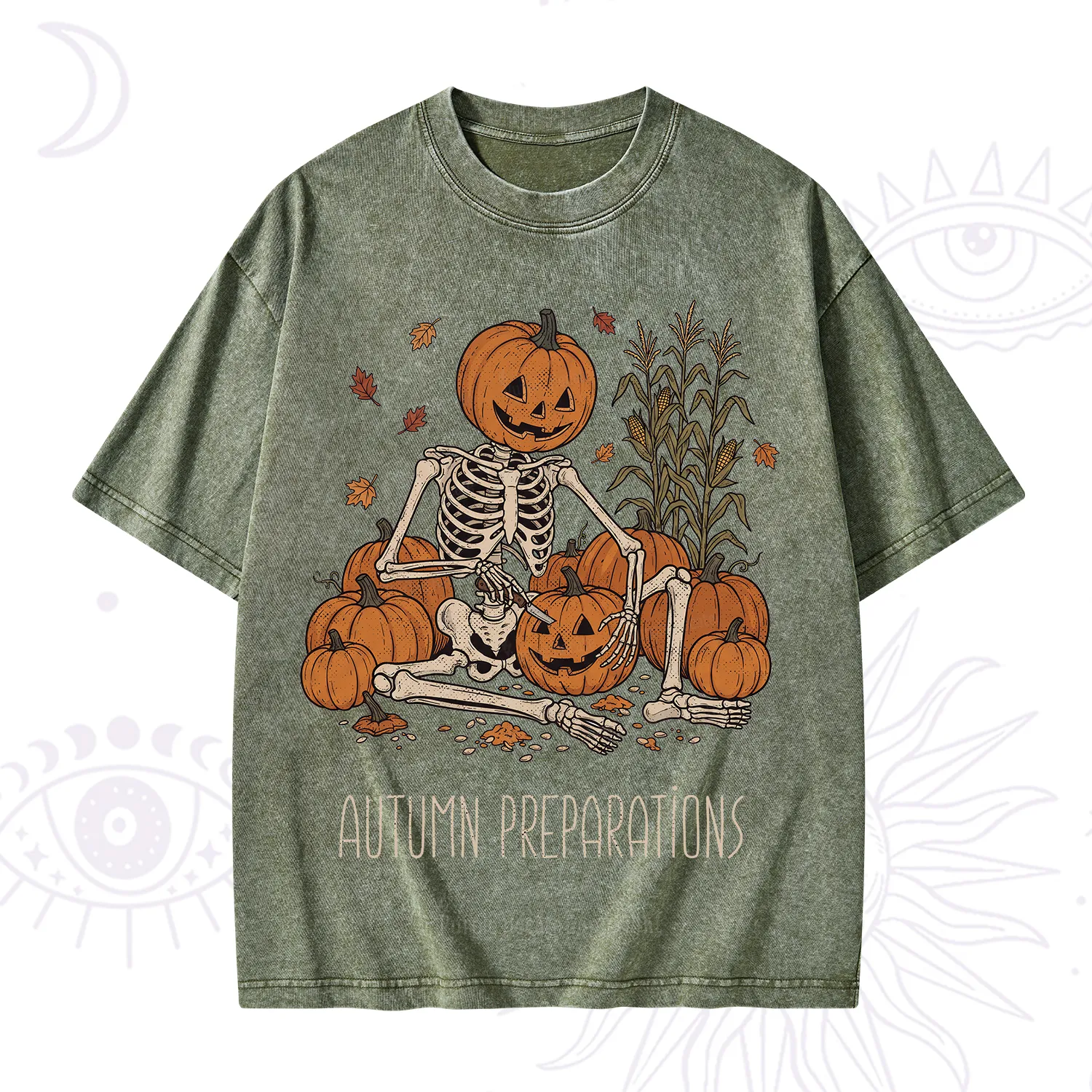 Purplehecate Autumn Preparations Pumpkin Skeleton Washed T-Shirt