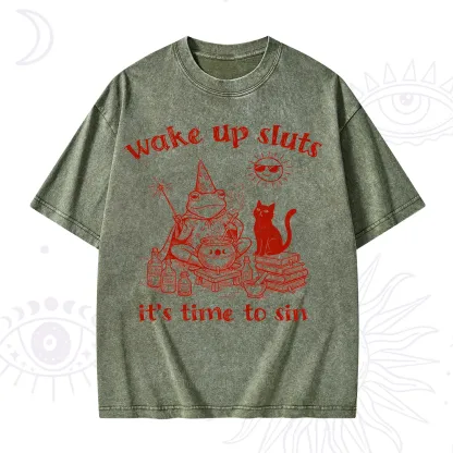 Purplehecate Wake Up Sluts It's Time to Sin Witch Frog Washed T-Shirt
