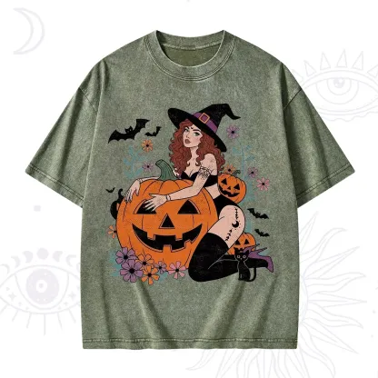 Purplehecate Enchanting Pumpkin Witch Halloween Washed T-Shirt