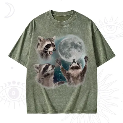 Purplehecate Three Raccoons Retro Graphic Washed T-Shirt