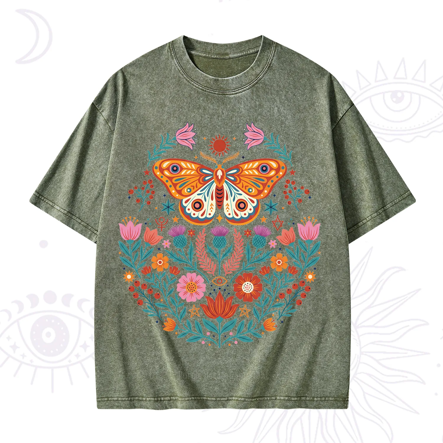 Purplehecate Boho Colorful Celestial Moth Washed T-Shirt