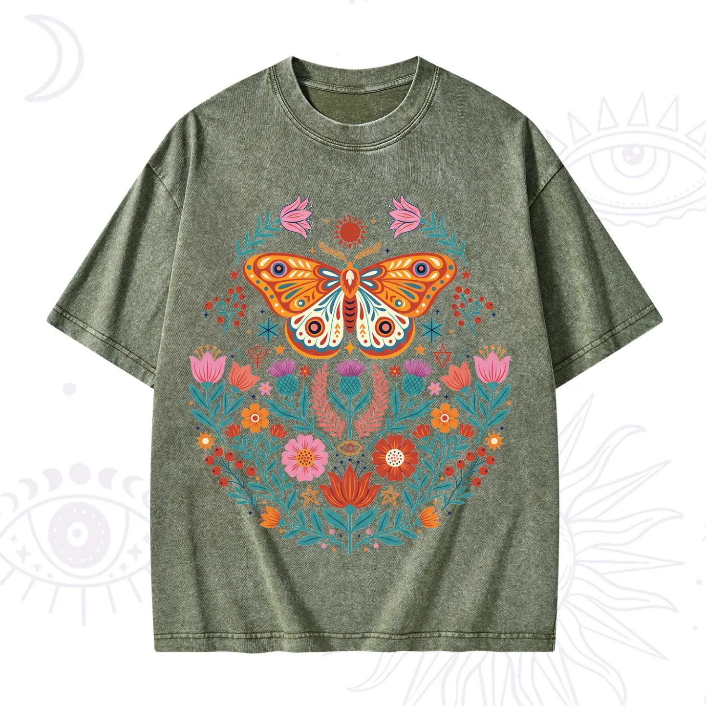 Purplehecate Boho Colorful Celestial Moth Washed T-Shirt