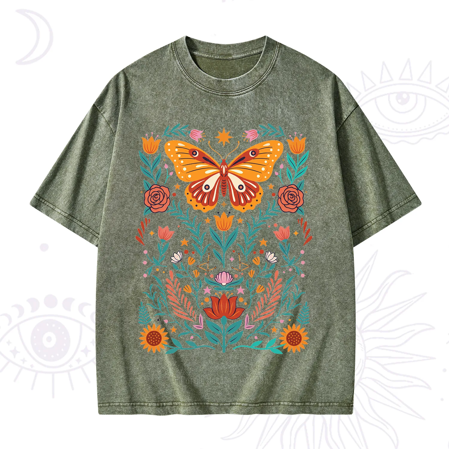Purplehecate Boho Colorful Celestial Butterfly Washed T-Shirt