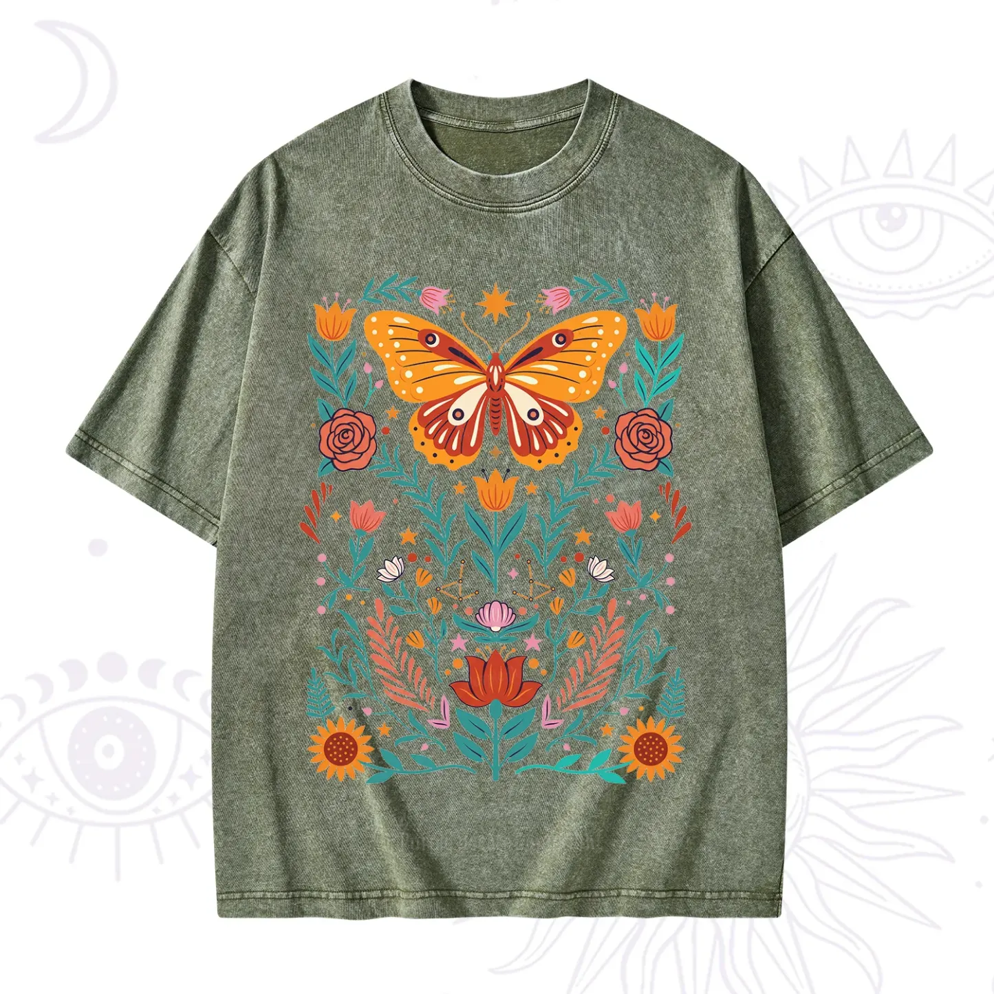 Purplehecate Boho Colorful Celestial Butterfly Washed T-Shirt