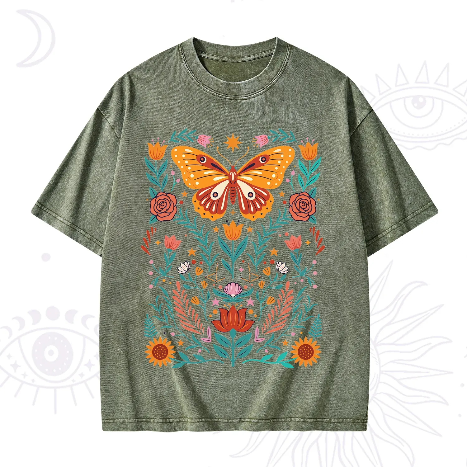 Purplehecate Boho Colorful Celestial Butterfly Washed T-Shirt