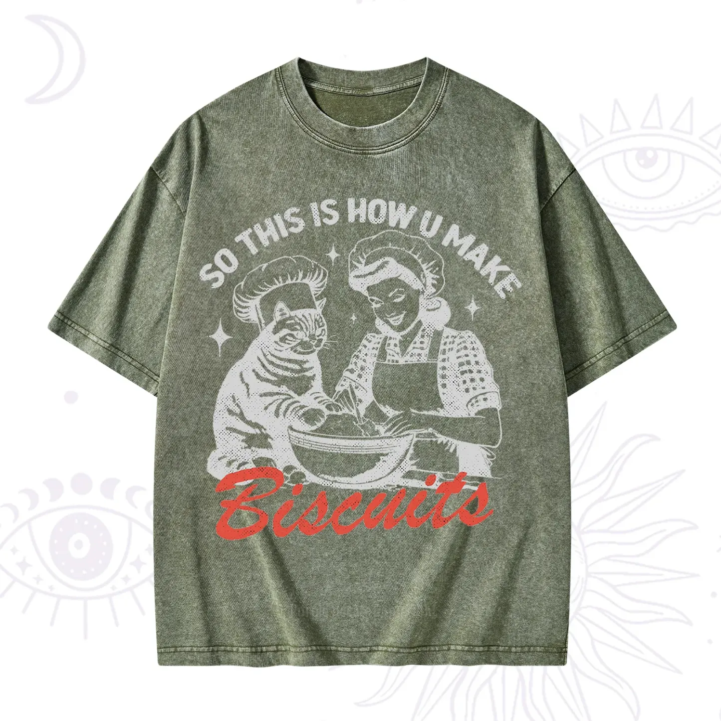 Purplehecate Funny Cat Baking Biscuits Washed T-Shirt