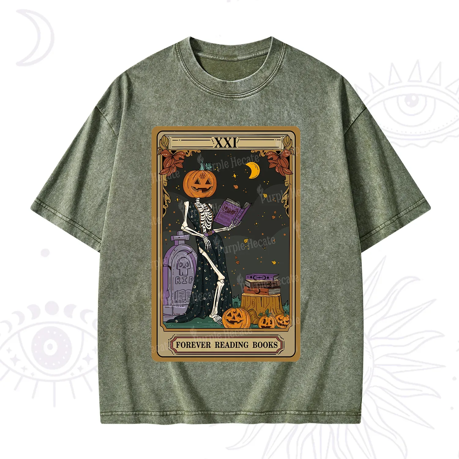 Purplehecate The Forever Reading Books Tarot Halloween Washed T-Shirt