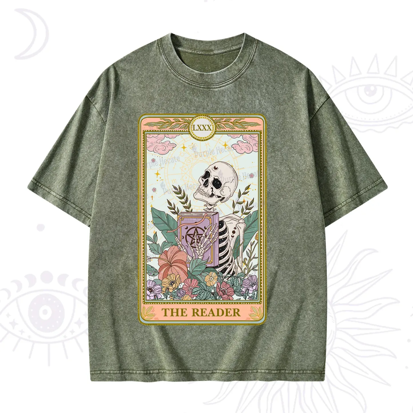 Purplehecate The Reader Occult Tarot Skeleton Washed T-Shirt