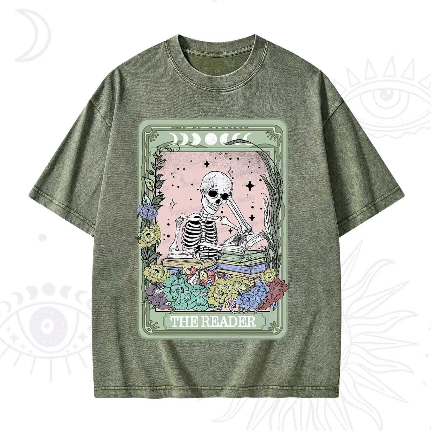 Purplehecate The Reader Bookworm Tarot Skeleton Washed T-Shirt