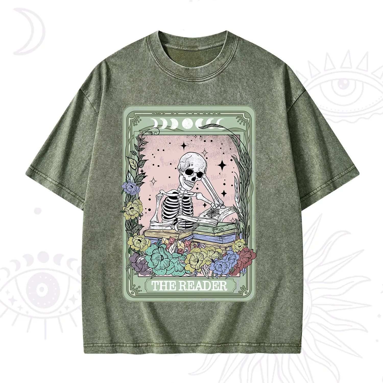 Purplehecate The Reader Bookworm Tarot Skeleton Washed T-Shirt