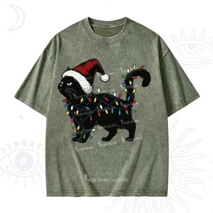 Purplehecate Cute Cat Christmas Washed T-Shirt