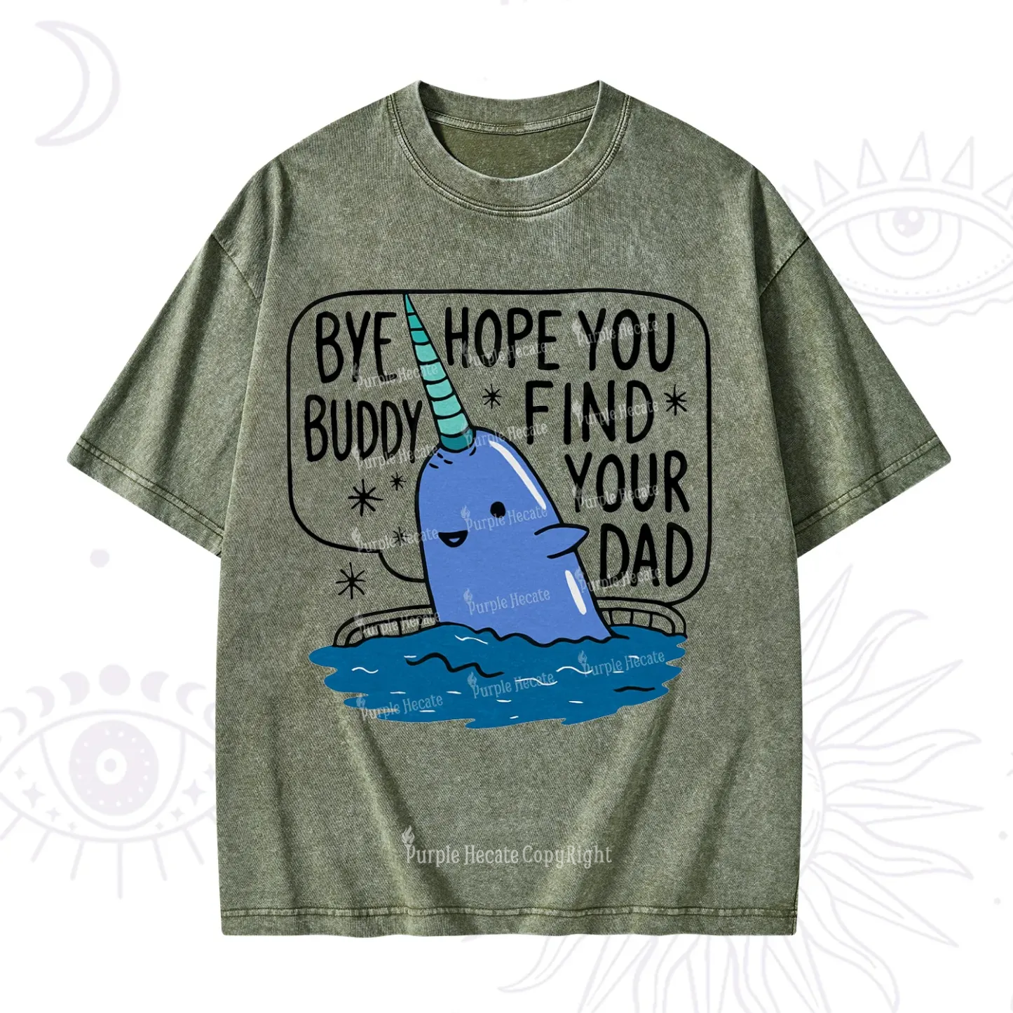 Purplehecate Good Luck Buddy Whale Christmas Washed T-Shirt