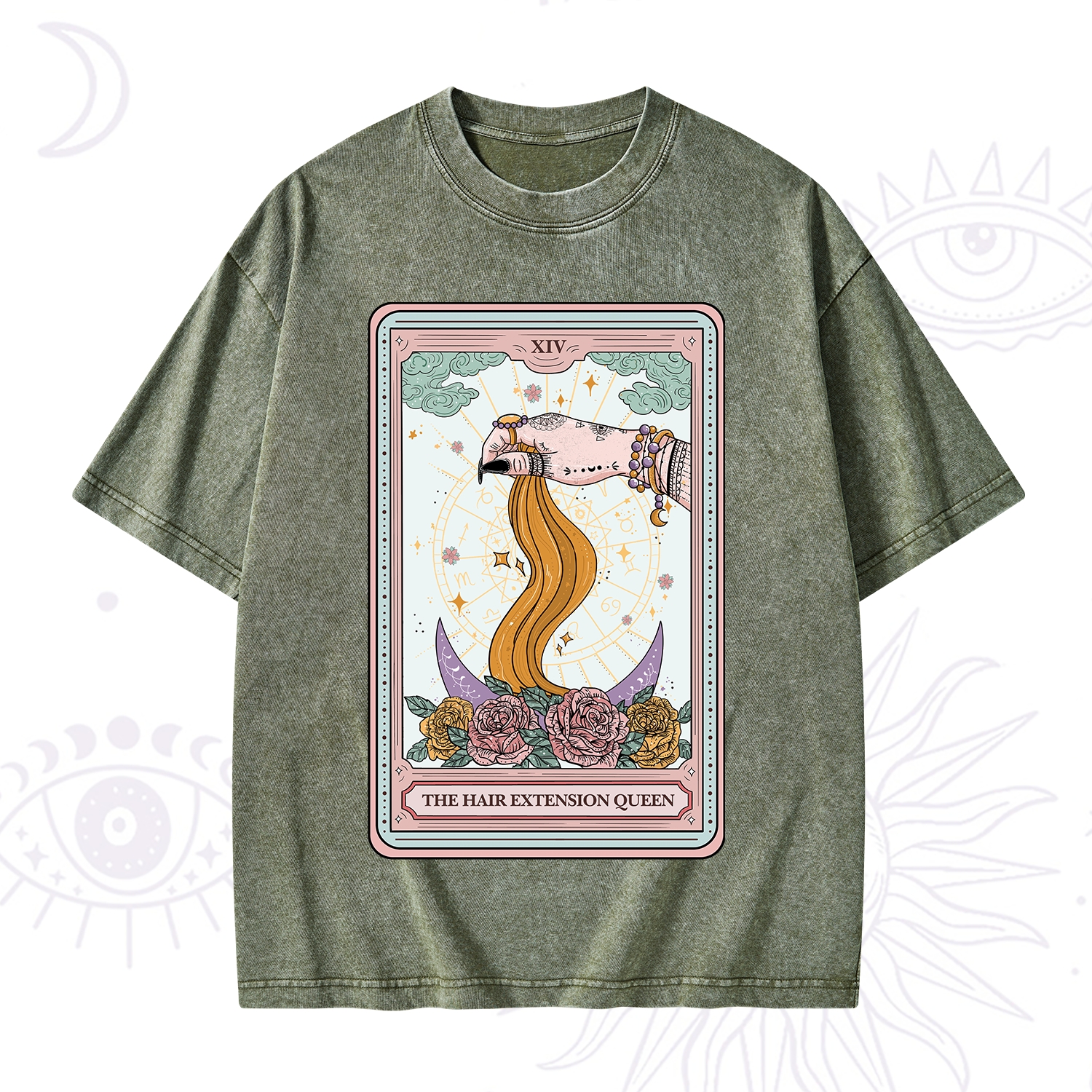Purplehecate The Hair Extension Queen Tarot Card Washed T-Shirt