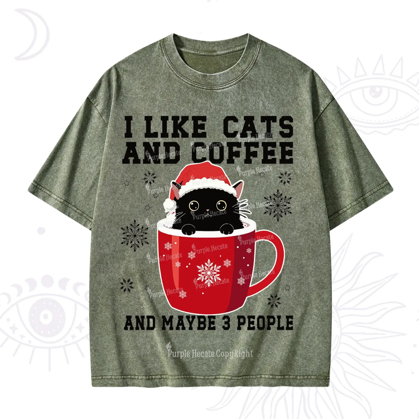 Purplehecate I like Cats And Coffee Christmas Washed T-Shirt