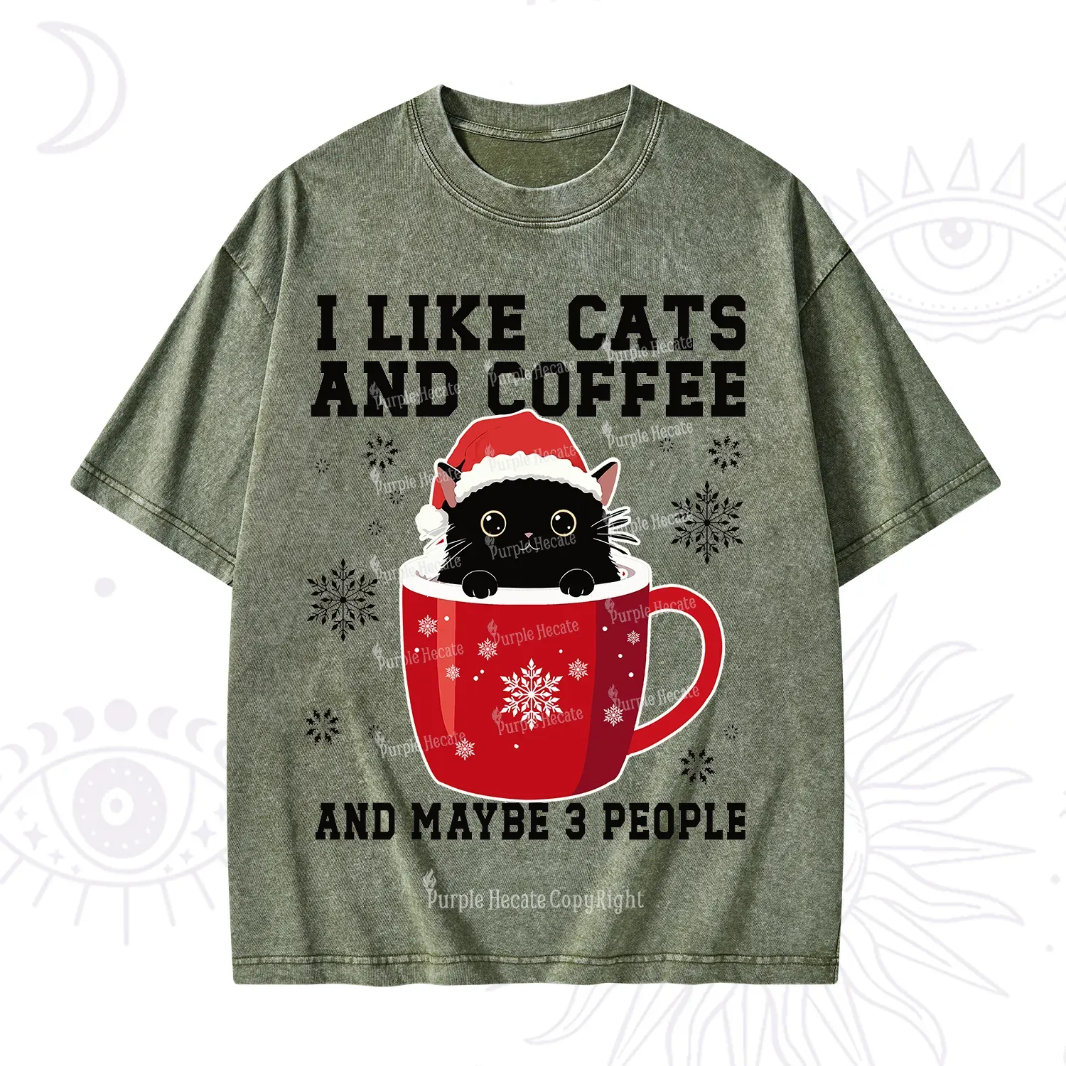 Purplehecate I like Cats And Coffee Christmas Washed T-Shirt