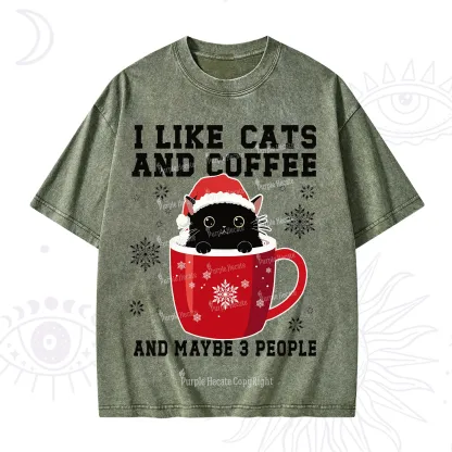 Purplehecate I like Cats And Coffee Christmas Washed T-Shirt