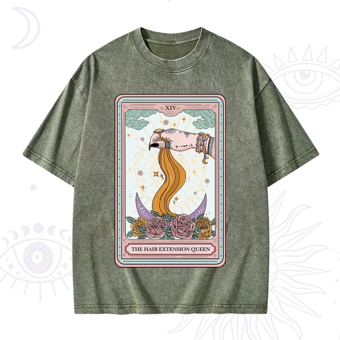 Purplehecate The Hair Extension Queen Tarot Card Washed T-Shirt