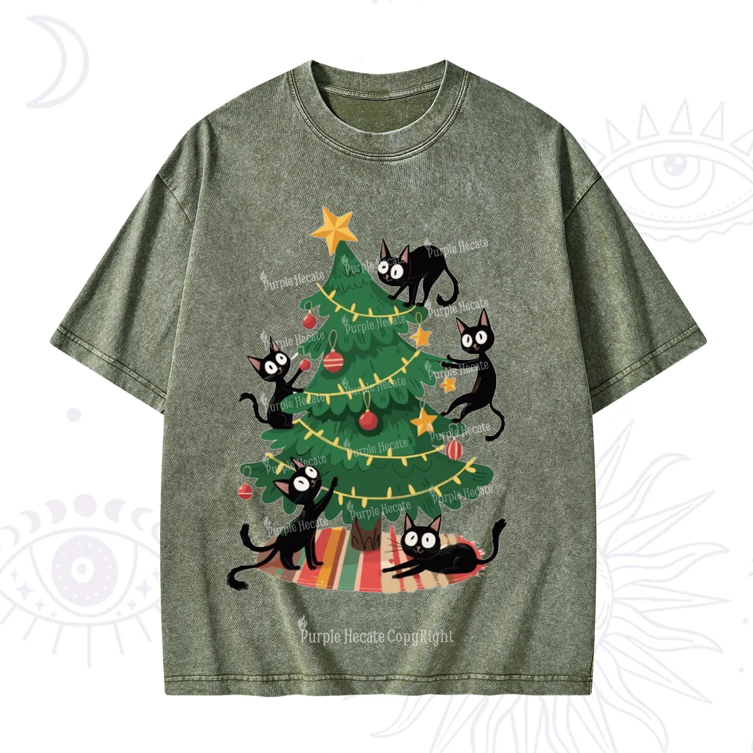 Purplehecate Black Cat in Tree Christmas Washed T-Shirt
