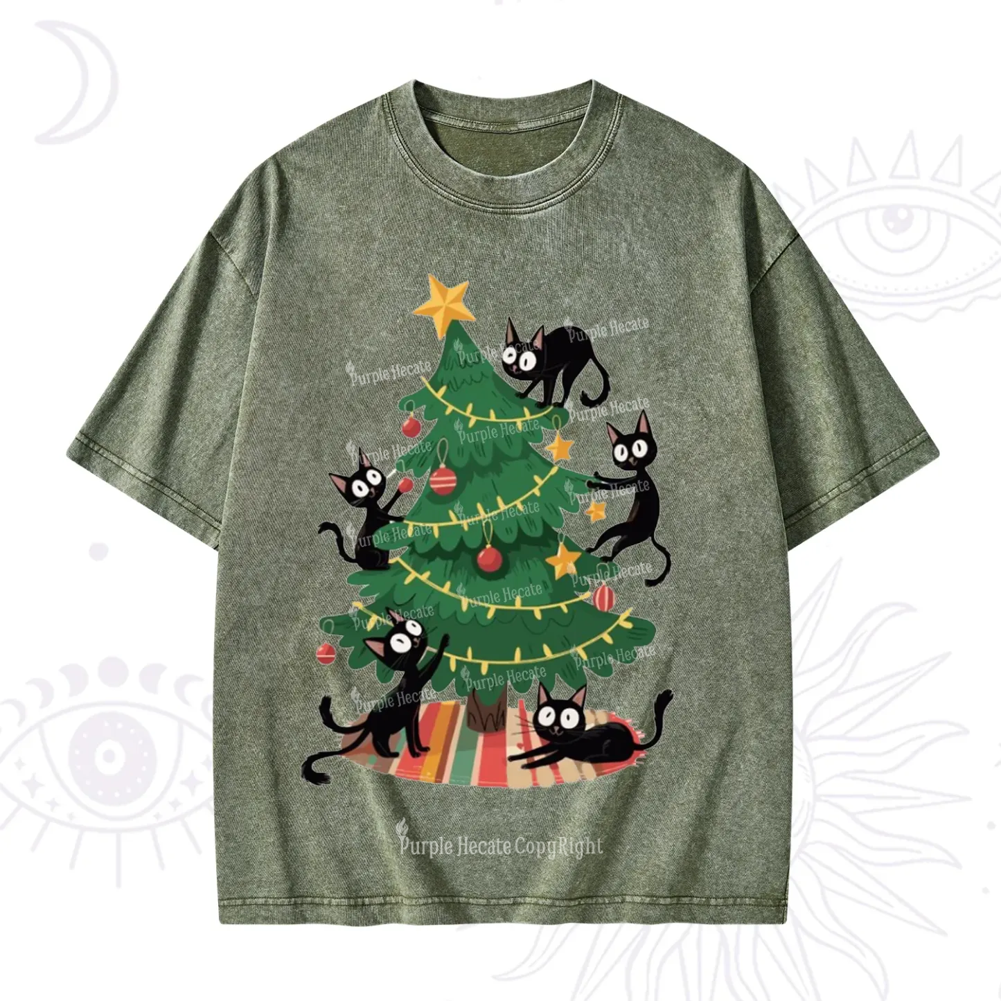 Purplehecate Black Cat in Tree Christmas Washed T-Shirt