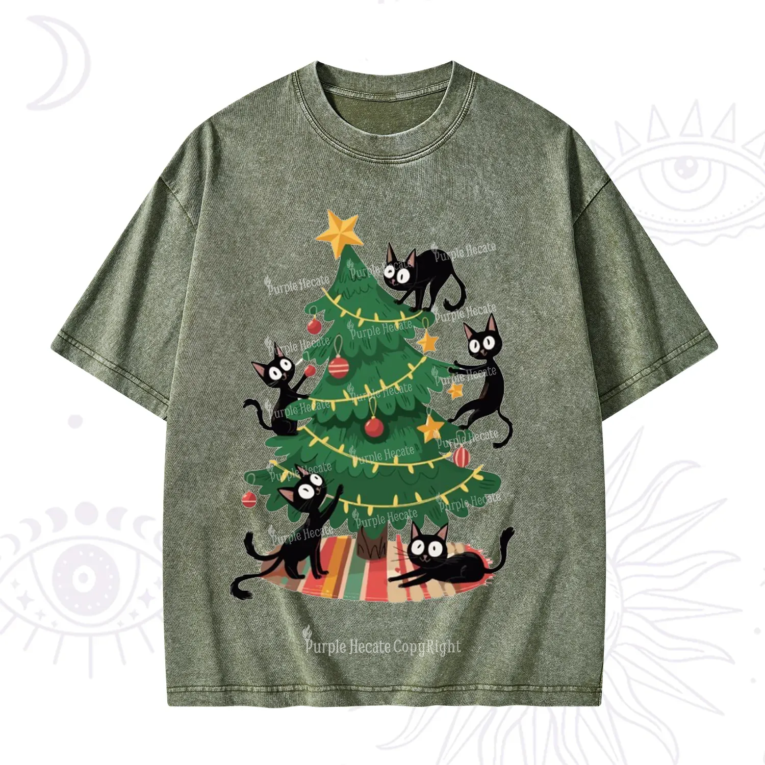 Purplehecate Black Cat in Tree Christmas Washed T-Shirt