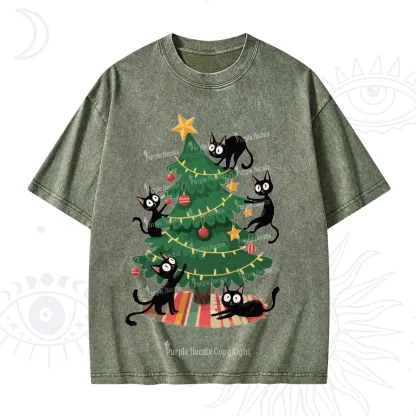 Purplehecate Black Cat in Tree Christmas Washed T-Shirt