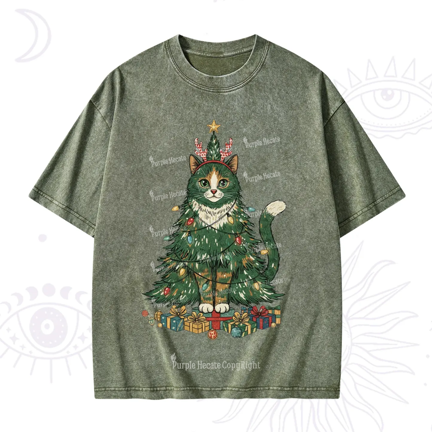 Purplehecate Cute Cats Christmas Tree Washed T-Shirt