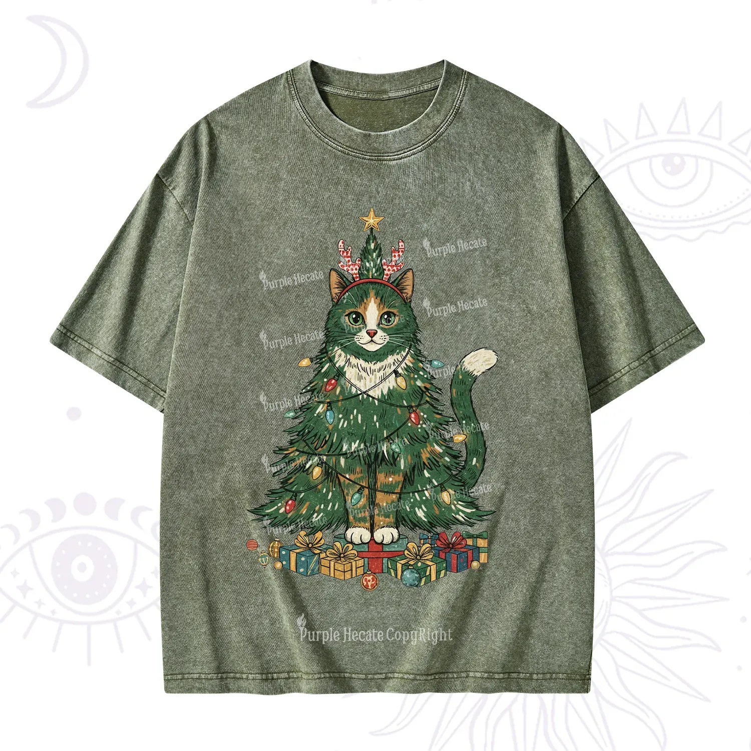 Purplehecate Cute Cats Christmas Tree Washed T-Shirt