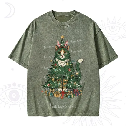 Purplehecate Cute Cats Christmas Tree Washed T-Shirt