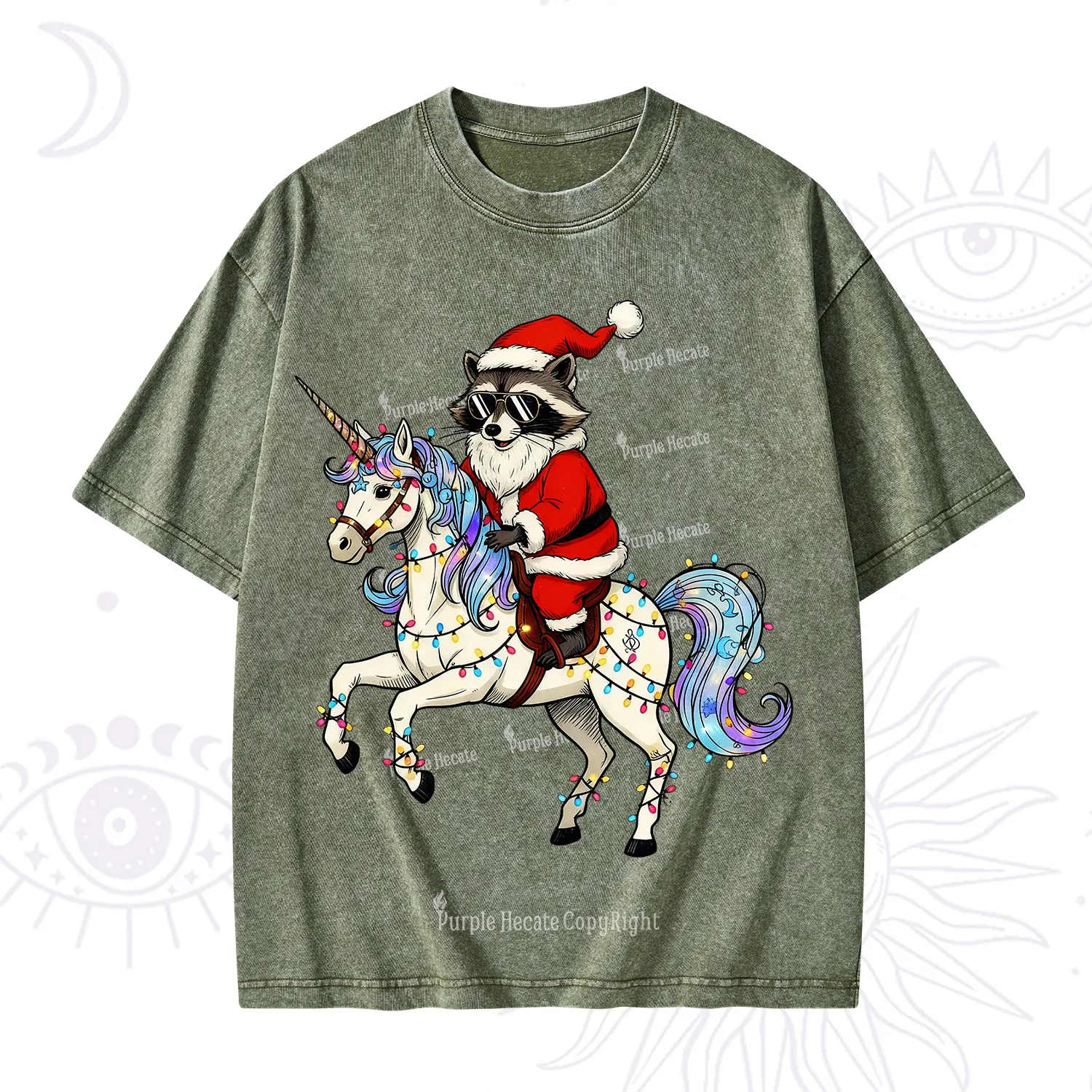 Purplehecate Santa Raccoon Riding Unicorn Tee Christmas Washed T-Shirt