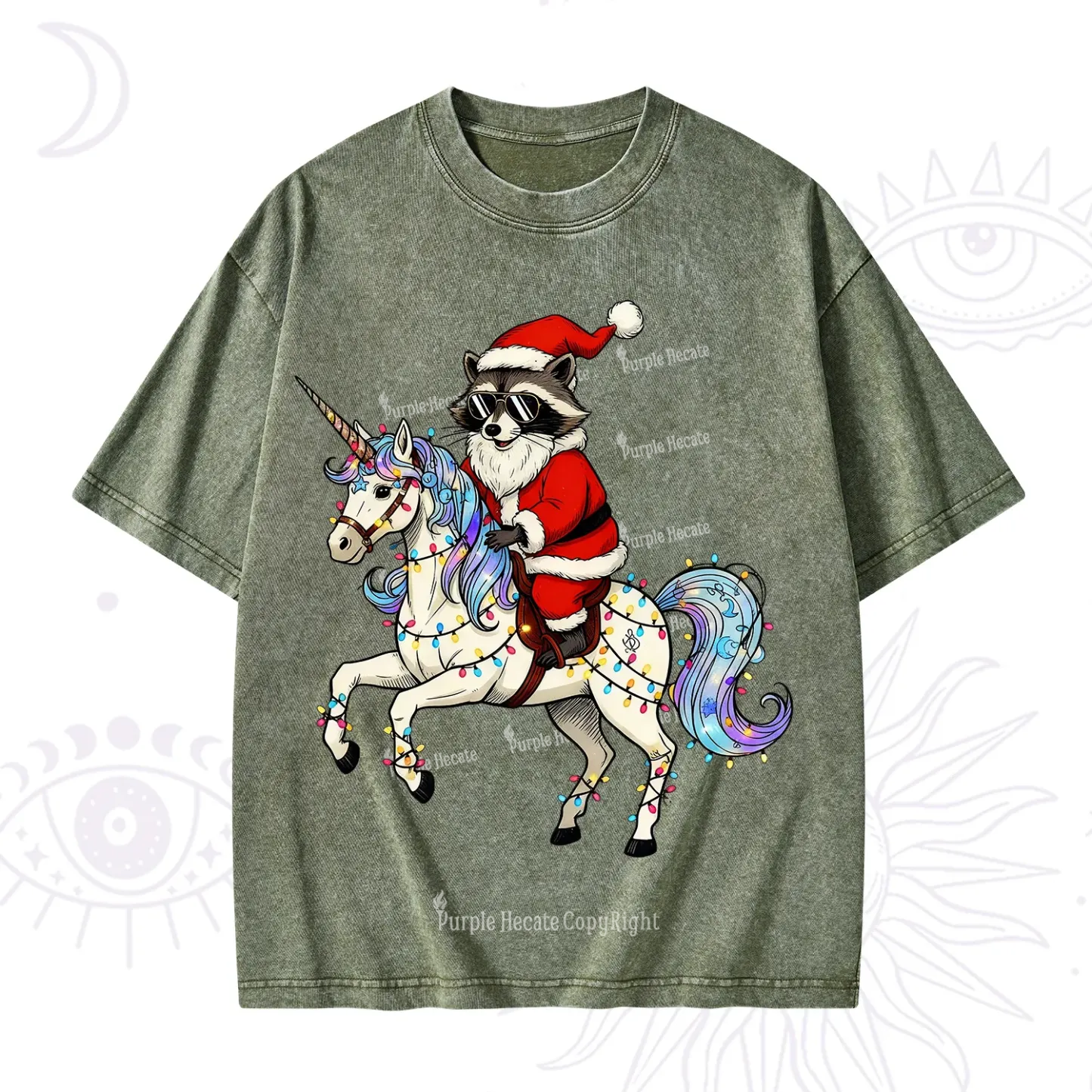 Purplehecate Santa Raccoon Riding Unicorn Tee Christmas Washed T-Shirt