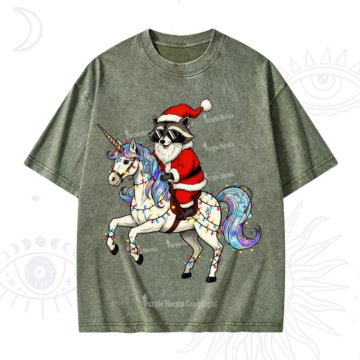 Purplehecate Santa Raccoon Riding Unicorn Tee Christmas Washed T-Shirt