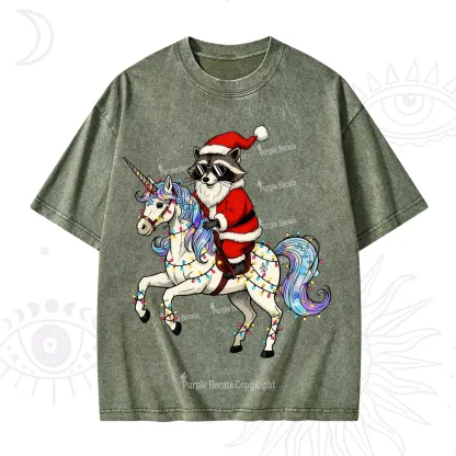 Purplehecate Santa Raccoon Riding Unicorn Tee Christmas Washed T-Shirt